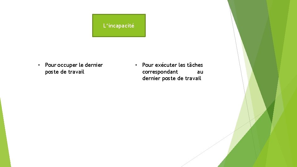 L‘incapacité • Pour occuper le dernier poste de travail • Pour exécuter les tâches