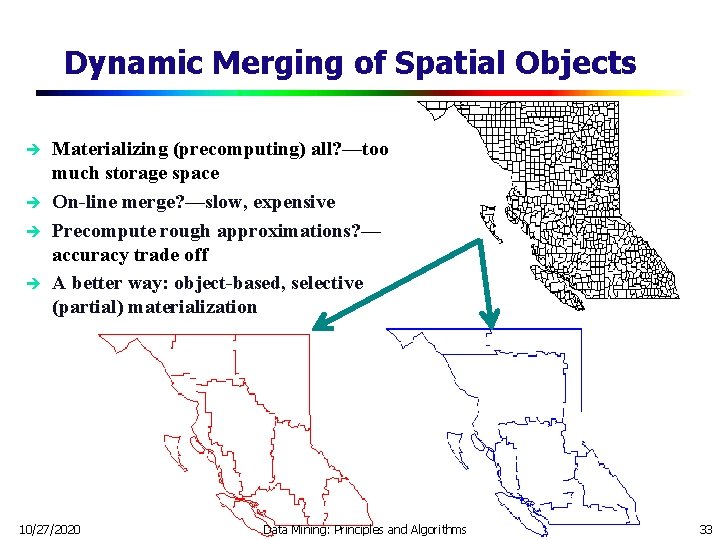 Dynamic Merging of Spatial Objects è è Materializing (precomputing) all? —too much storage space Dynamic Merging of Spatial Objects è è Materializing (precomputing) all? —too much storage space