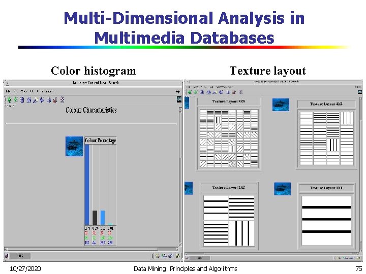 Multi-Dimensional Analysis in Multimedia Databases Color histogram 10/27/2020 Texture layout Data Mining: Principles and Multi-Dimensional Analysis in Multimedia Databases Color histogram 10/27/2020 Texture layout Data Mining: Principles and