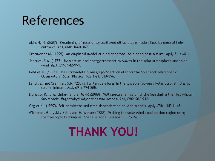 References Akinari, N. (2007). Broadening of resonantly scattered ultraviolet emission lines by coronal hole