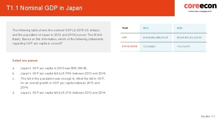 T 1. 1 Nominal GDP in Japan The following table shows the nominal GDP