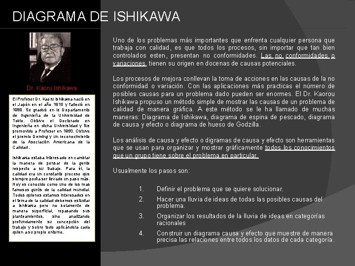 DIAGRAMA DE ISHIKAWA Uno de los problemas más importantes que enfrenta cualquier persona que