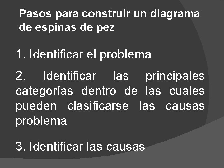 Pasos para construir un diagrama de espinas de pez 1. Identificar el problema 2.