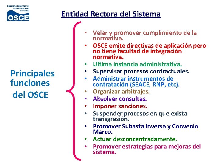 Entidad Rectora del Sistema Principales funciones del OSCE • Velar y promover cumplimiento de