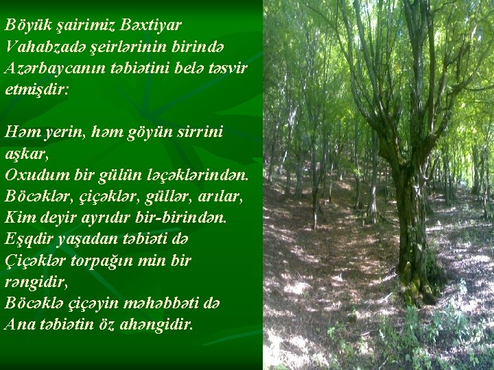 Böyük şairimiz Bəxtiyar Vahabzadə şeirlərinin birində Azərbaycanın təbiətini belə təsvir etmişdir: Həm yerin, həm Böyük şairimiz Bəxtiyar Vahabzadə şeirlərinin birində Azərbaycanın təbiətini belə təsvir etmişdir: Həm yerin, həm