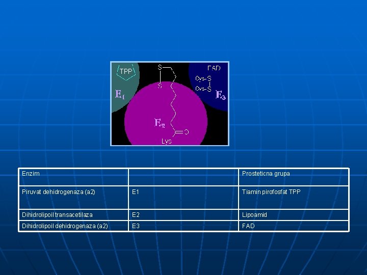 Enzim Prosteticna grupa Piruvat dehidrogenaza (a 2) E 1 Tiamin pirofosfat TPP Dihidrolipoil transacetilaza Enzim Prosteticna grupa Piruvat dehidrogenaza (a 2) E 1 Tiamin pirofosfat TPP Dihidrolipoil transacetilaza