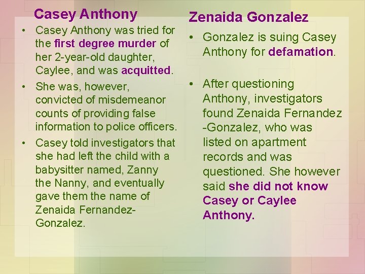 Casey Anthony Zenaida Gonzalez • Casey Anthony was tried for • Gonzalez is suing