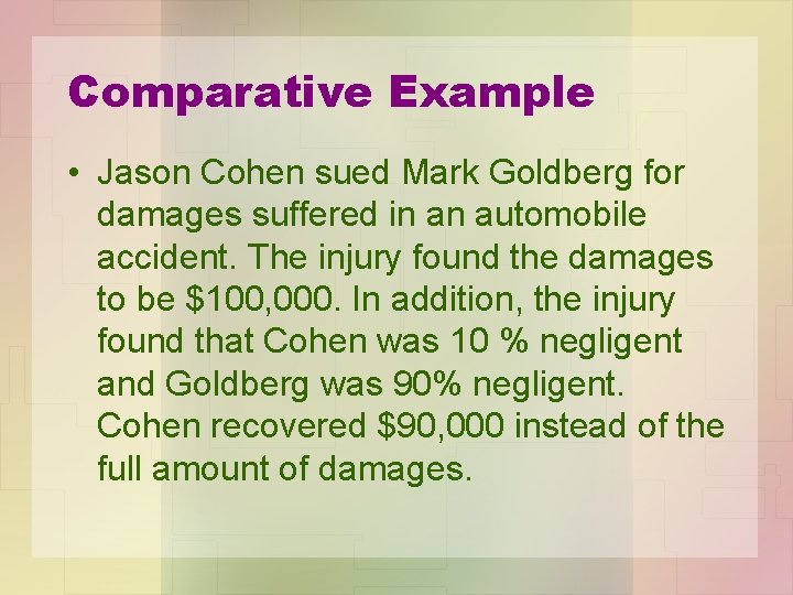 Comparative Example • Jason Cohen sued Mark Goldberg for damages suffered in an automobile