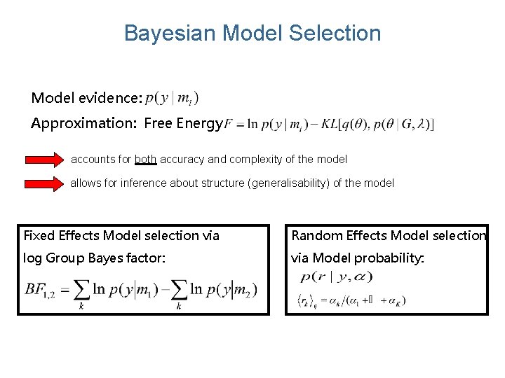 Bayesian Model Selection Model evidence: Approximation: Free Energy accounts for both accuracy and complexity Bayesian Model Selection Model evidence: Approximation: Free Energy accounts for both accuracy and complexity