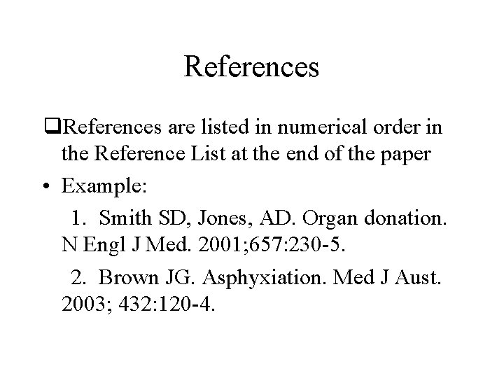 References q. References are listed in numerical order in the Reference List at the