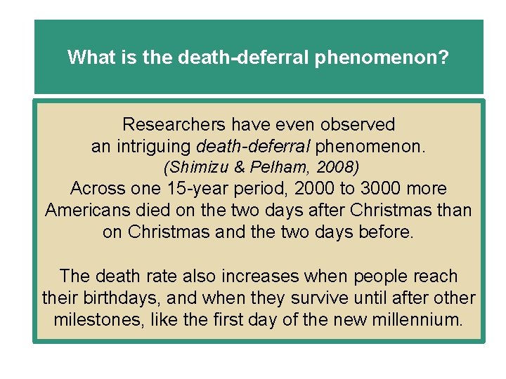 What is the death-deferral phenomenon? Researchers have even observed an intriguing death-deferral phenomenon. (Shimizu