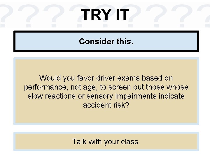 Consider this. Would you favor driver exams based on performance, not age, to screen