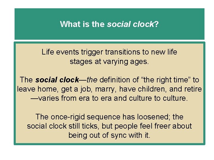 What is the social clock? Life events trigger transitions to new life stages at