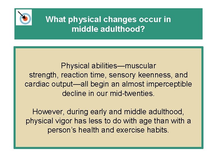 What physical changes occur in middle adulthood? Physical abilities—muscular strength, reaction time, sensory keenness,