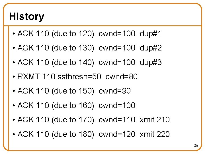 History • ACK 110 (due to 120) cwnd=100 dup#1 • ACK 110 (due to