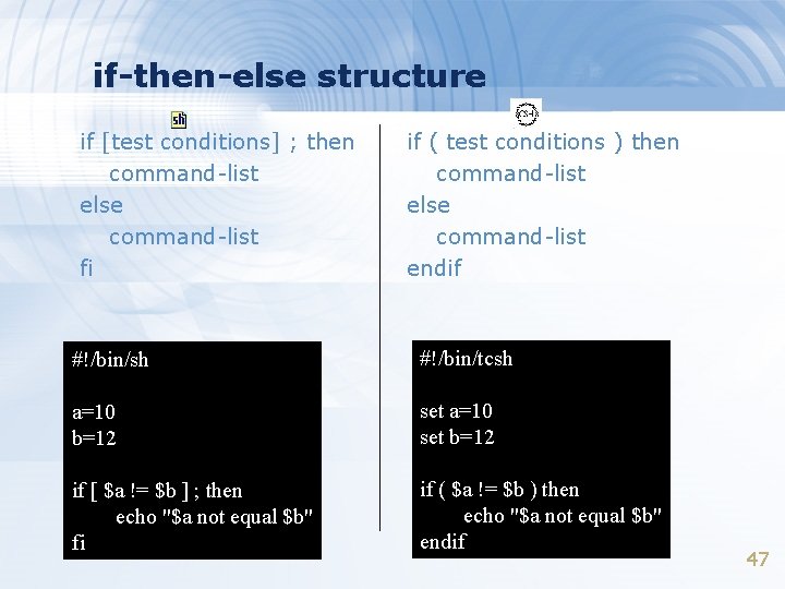 if-then-else structure if [test conditions] ; then command-list else command-list fi if ( test