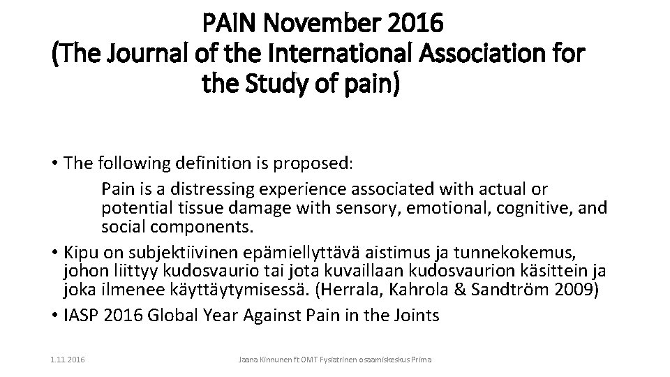 PAIN November 2016 (The Journal of the International Association for the Study of pain)