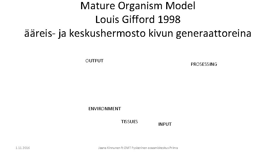 Mature Organism Model Louis Gifford 1998 ääreis- ja keskushermosto kivun generaattoreina OUTPUT PROSESSING ENVIRONMENT
