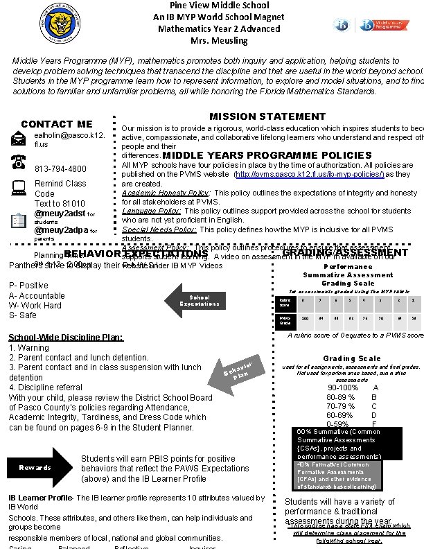 Pine View Middle School An IB MYP World School Magnet Mathematics Year 2 Advanced