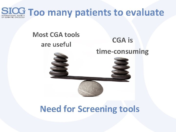 Too many patients to evaluate Most CGA tools are useful CGA is time-consuming Need