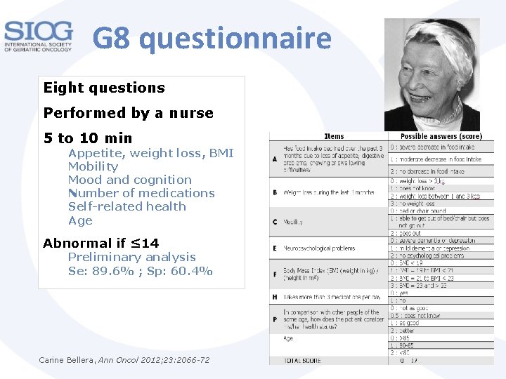 G 8 questionnaire Eight questions Performed by a nurse 5 to 10 min Appetite,