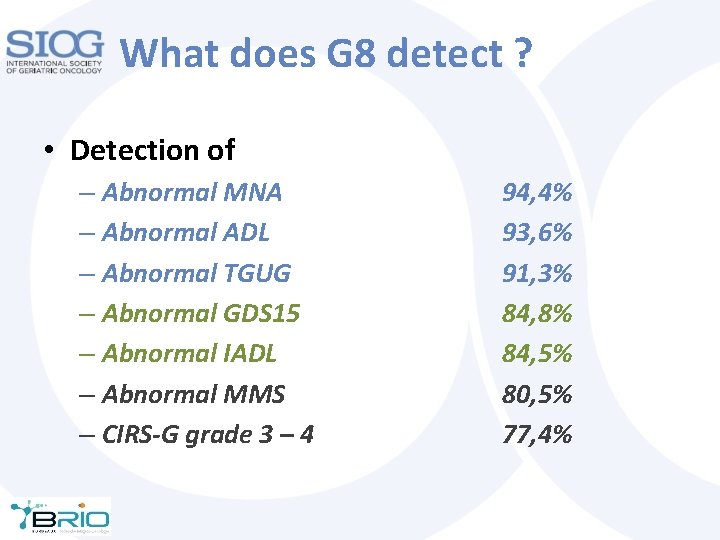 What does G 8 detect ? • Detection of – Abnormal MNA – Abnormal