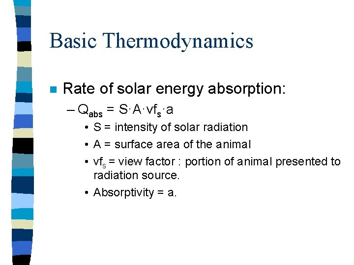 Basic Thermodynamics n Rate of solar energy absorption: – Qabs = S·A·vfs·a • S