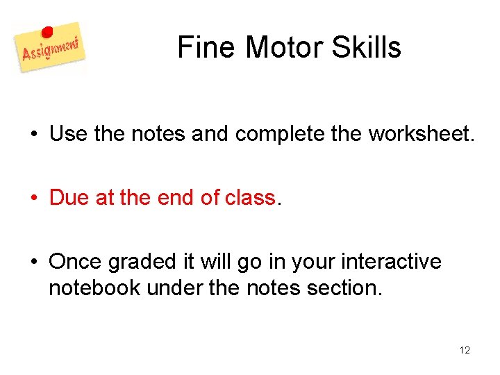 Fine Motor Skills • Use the notes and complete the worksheet. • Due at Fine Motor Skills • Use the notes and complete the worksheet. • Due at