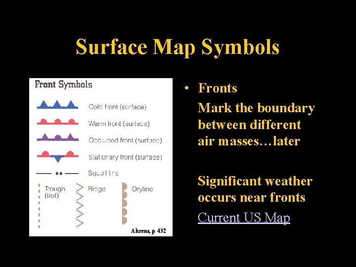 Surface Map Symbols • Fronts Mark the boundary between different air masses…later Significant weather