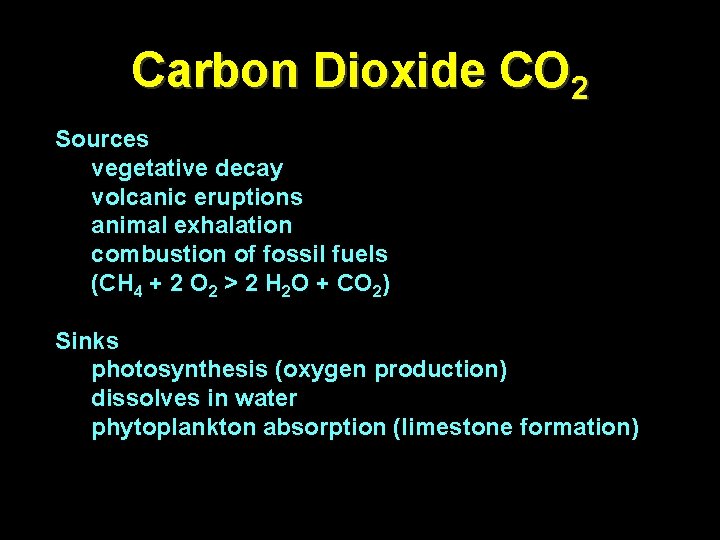 Carbon Dioxide CO 2 Sources vegetative decay volcanic eruptions animal exhalation combustion of fossil