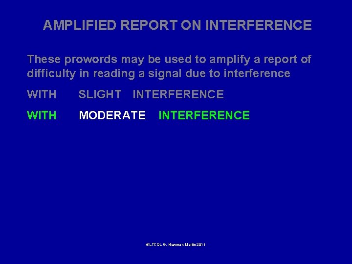 AMPLIFIED REPORT ON INTERFERENCE These prowords may be used to amplify a report of