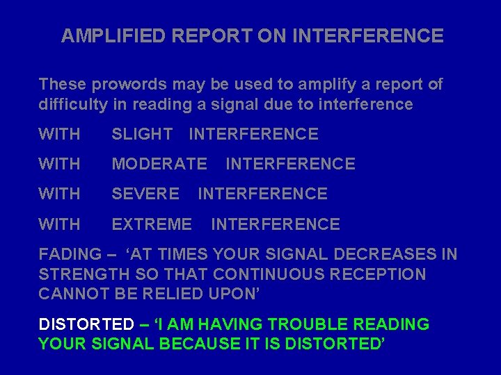 AMPLIFIED REPORT ON INTERFERENCE These prowords may be used to amplify a report of