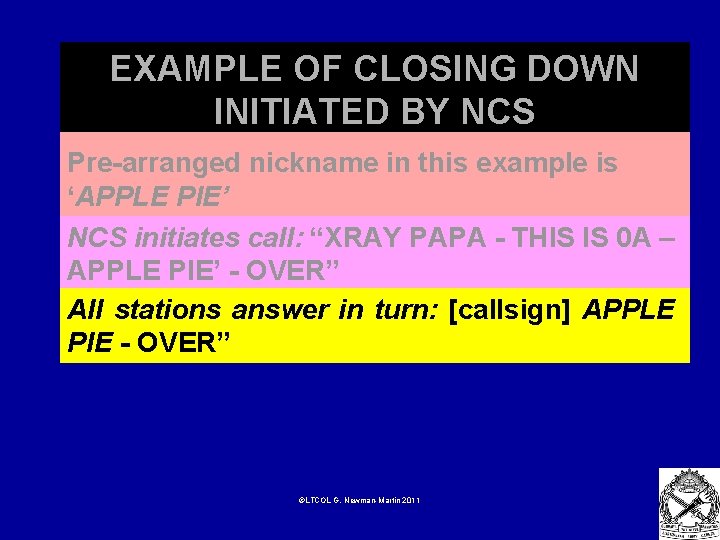 EXAMPLE OF CLOSING DOWN INITIATED BY NCS Pre-arranged nickname in this example is ‘APPLE