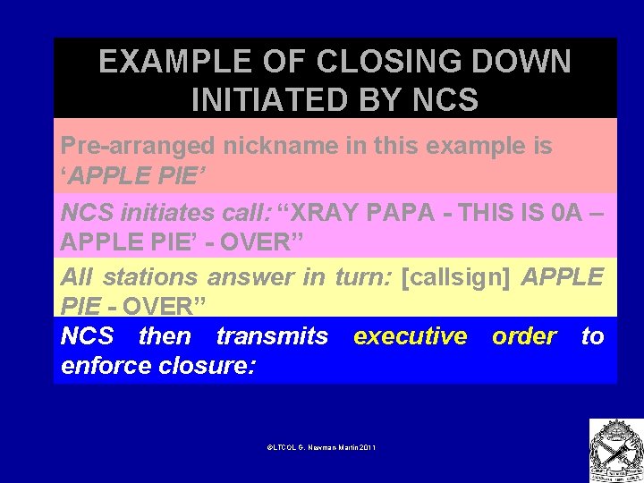 EXAMPLE OF CLOSING DOWN INITIATED BY NCS Pre-arranged nickname in this example is ‘APPLE