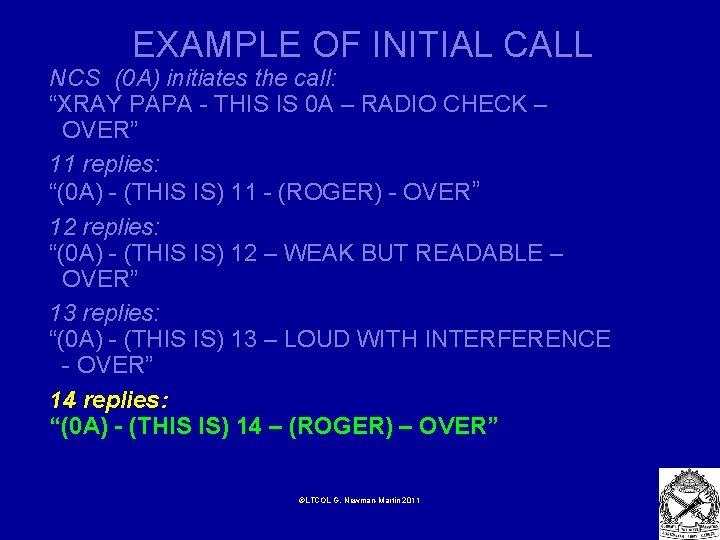 EXAMPLE OF INITIAL CALL NCS (0 A) initiates the call: “XRAY PAPA - THIS