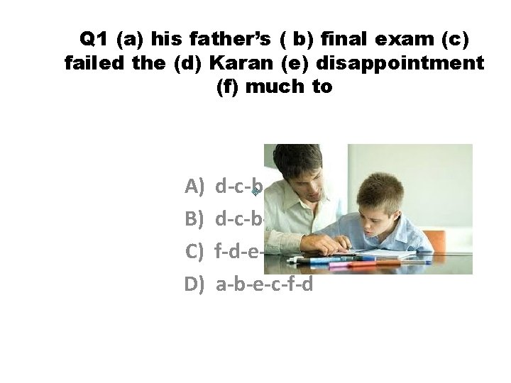 Q 1 (a) his father’s ( b) final exam (c) failed the (d) Karan