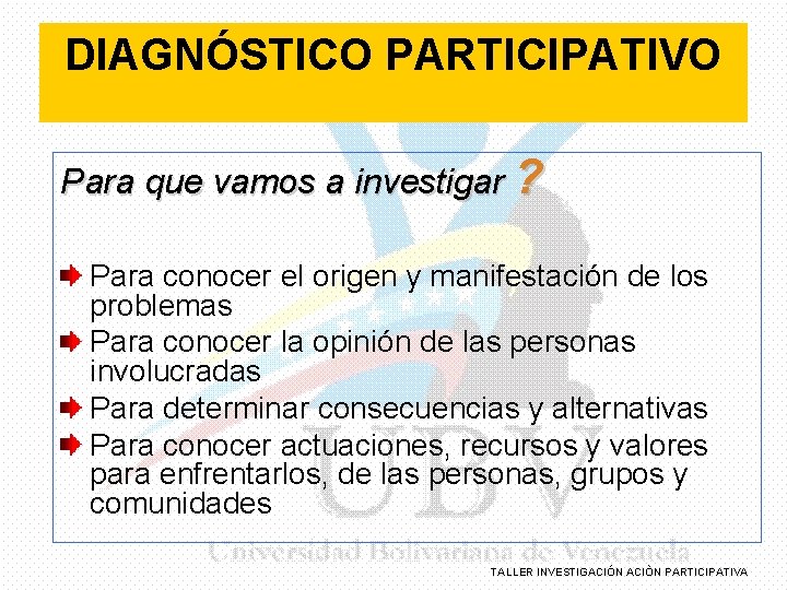 DIAGNÓSTICO PARTICIPATIVO Para que vamos a investigar ? Para conocer el origen y manifestación