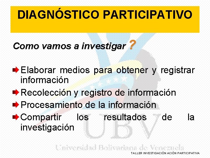 DIAGNÓSTICO PARTICIPATIVO Como vamos a investigar ? Elaborar medios para obtener y registrar información