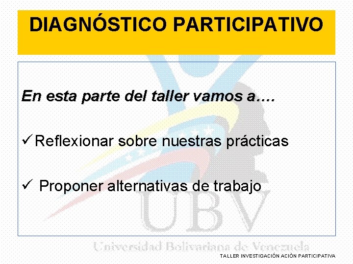 DIAGNÓSTICO PARTICIPATIVO En esta parte del taller vamos a…. ü Reflexionar sobre nuestras prácticas