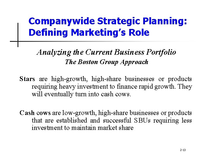 Companywide Strategic Planning: Defining Marketing’s Role Analyzing the Current Business Portfolio The Boston Group