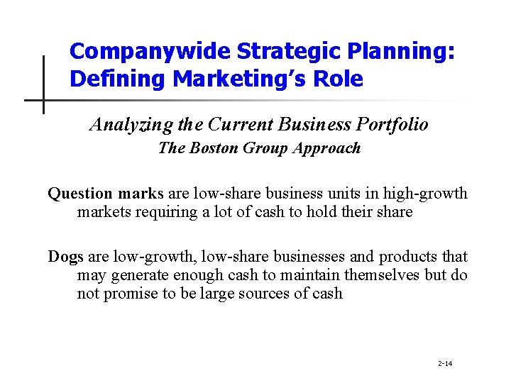 Companywide Strategic Planning: Defining Marketing’s Role Analyzing the Current Business Portfolio The Boston Group