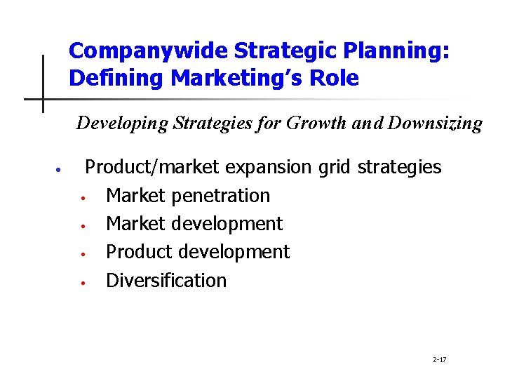 Companywide Strategic Planning: Defining Marketing’s Role Developing Strategies for Growth and Downsizing • Product/market