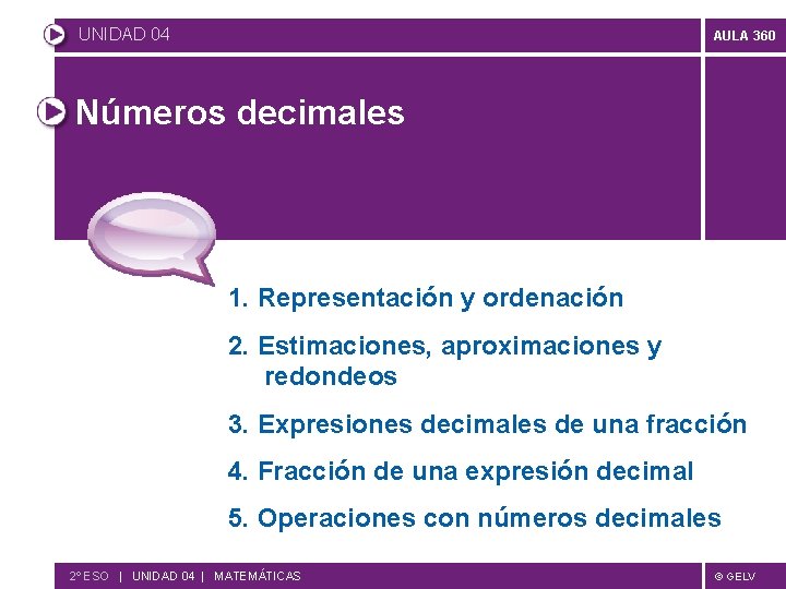 UNIDAD 04 AULA 360 Números decimales 1. Representación y ordenación 2. Estimaciones, aproximaciones y