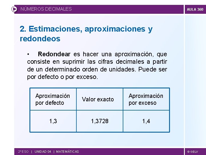 NÚMEROS DECIMALES AULA 360 2. Estimaciones, aproximaciones y redondeos • Redondear es hacer una