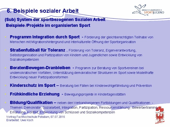 6. Beispiele sozialer Arbeit (Sub) System der sportbezogenen Sozialen Arbeit Beispiele /Projekte im organisierten