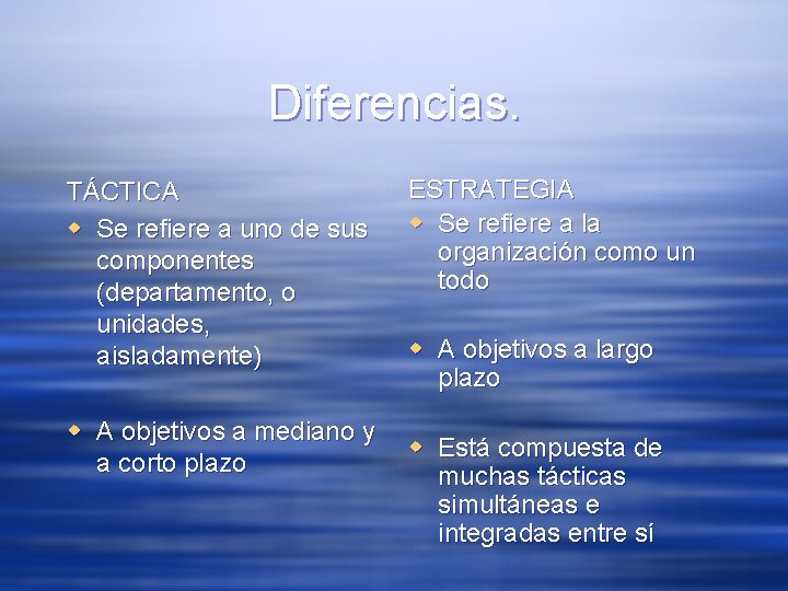 Diferencias. TÁCTICA w Se refiere a uno de sus componentes (departamento, o unidades, aisladamente)