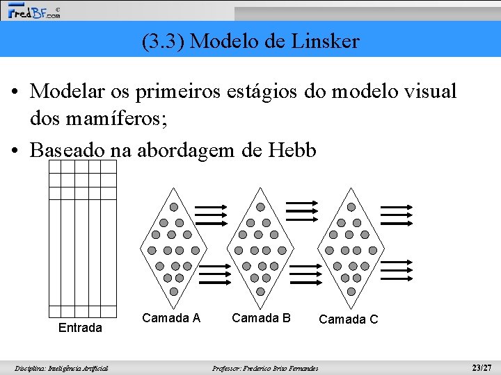 (3. 3) Modelo de Linsker • Modelar os primeiros estágios do modelo visual dos