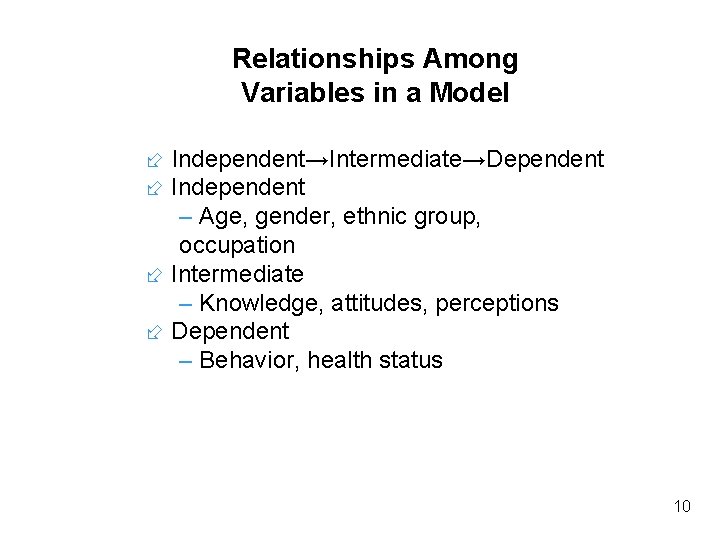 Relationships Among Variables in a Model Independent→Intermediate→Dependent Independent – Age, gender, ethnic group, occupation Relationships Among Variables in a Model Independent→Intermediate→Dependent Independent – Age, gender, ethnic group, occupation