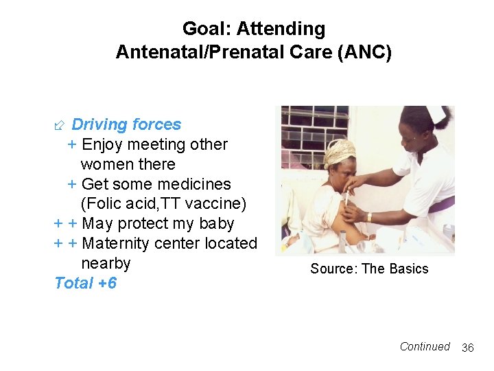 Goal: Attending Antenatal/Prenatal Care (ANC) Driving forces + Enjoy meeting other women there + Goal: Attending Antenatal/Prenatal Care (ANC) Driving forces + Enjoy meeting other women there +