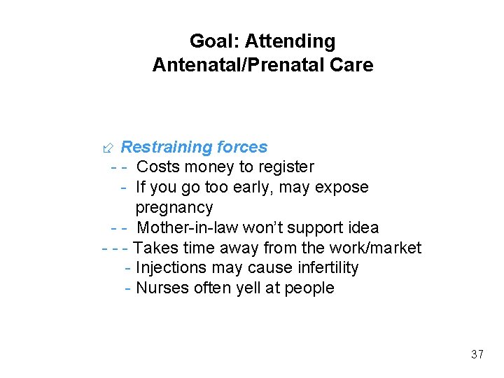Goal: Attending Antenatal/Prenatal Care Restraining forces - - Costs money to register - If Goal: Attending Antenatal/Prenatal Care Restraining forces - - Costs money to register - If